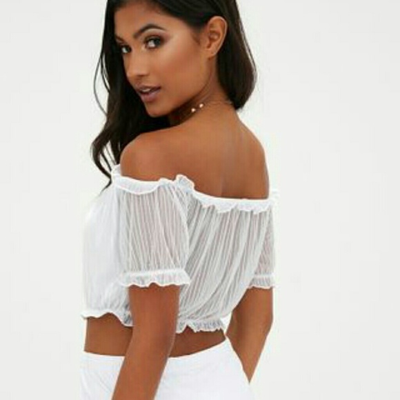 PrettyLittleThing Tops - White Glitter Stripe Bardot Crop Top Size 8